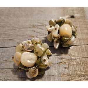Vintage Cluster Clip On Earrings Faux Pearl‎ Bead Statement Jewelry